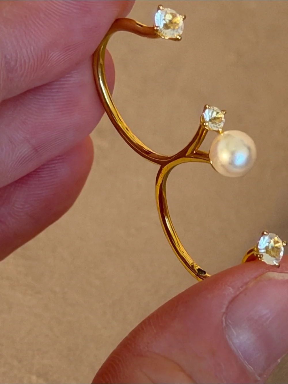 Gold Faux Pearl and Crystal Double Ring